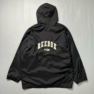 XL 古着 90s Reebok リーボック ナイロンジャケット パーカー フーディー ジップアップ ワンポイント ロゴ 刺繍 黒 ブラック