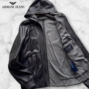 極美品/XL相当◎アルマーニ ジーンズ ラムレザー Wジップ パーカー ARMANI JEANS 極上トロトロ羊革★ライダース ジャケット ブラック 黒 52