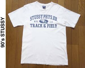 【送料無料】レア 90s USA製 STUSSY ステューシー カレッジ 3段プリント ウイングフット Tシャツ メンズ M 白 アメリカ製 正規品