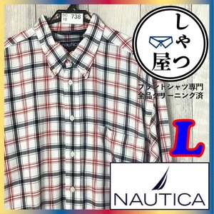 SC10-738★90s オールドタグ★【NAUTICA ノーティカ】チェック 長袖 BDシャツ【メンズ L】白 紺 赤 アメカジ USA古着 チェックシャツ