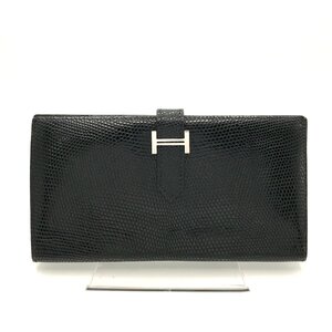 1円 良品 HERMES エルメス ベアンスフレ SV金具 リザード □E刻印 長財布 ウォレット ノワール ブラック a6491