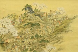 宗州 日本画 風俗画 花見 掛け軸　掛軸　絹に彩色　Japanese hanging scroll