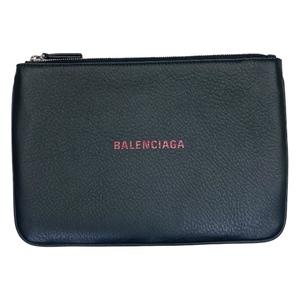 【美品】BALENCIAGA バレンシアガ 551992 エブリデイ ポーチ 小物入れ ミニ クラッチバッグ ロゴ レザー ブラック