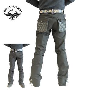 W31　SKULL FLIGHT　SS PANTS　Type２　ストレッチレザーポケットブーツカット（ブラック）