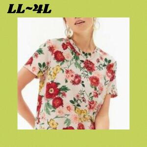 大きいサイズ春夏 セレカジ レースアップ Tシャツ LL-4L 花柄 ローズ