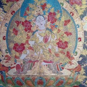 卍チベット 仏教　▲女尊 多羅菩薩　 織物 90ｃｍ　▲　　　検索；開運 西蔵　曼荼羅　仏画　花　蓮　A9,1