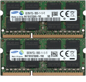 【DDR3 8GBx2枚 合計16GB ノートPC用】＜動作確認済＞SAMSUNG 1.35V/1.5V 両対応 DDR3L-1600 (PC3L-12800S) M471B1G73QH0-YK0【中古】H173