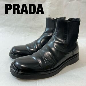 D0076★8 高級 PRADA プラダ メンズ サイドゴア ショート ブーツ ラバーソール 厚底 シューズ 黒 size6