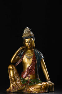 『館蔵珍品 銅製 金鍍 彩繪 自在觀音像』置物 賞物 貴重物品 収蔵品 中国古美術