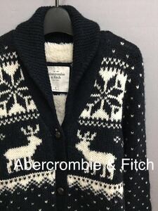 アバクロンビー&フィッチ Abercrombie & Fitch ウール ニット カーディガン ボア ノルディック柄 ネイビー レディース Mサイズ !&