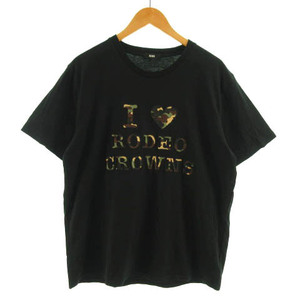 RODEO CROWNS WIDE BOWL RCWB Ｔシャツ 丸首 半袖 ロゴ刺繍 カモフラ 迷彩柄 コットン混 ブラック 黒 カーキ 茶 ベージュ XL メンズ