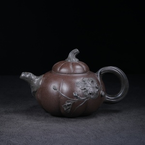 【聚寶齋*紫砂手工彫 紫砂壺*南瓜壺】茶壺 茶道具 中国古美術 造型精美 容量：300cc
