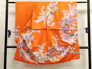 平和屋着物■七五三　女の子　7歳　祝着　駒刺繍　御所車飛鶴熨斗吉祥花文　金彩　洗える着物　CAAI4218ze