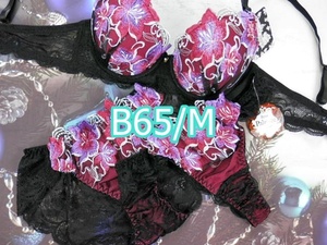 PP03-B65/M ブラ＆フル・Tバックショーツセット 新品/ピンク・黒系 バックレース 花柄刺繍・レース チャーム