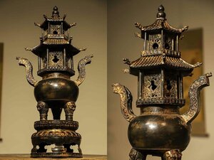 ■観心・時代旧蔵■C1561清時代 銅塗金祥龍鼎式玲瓏塔 大薫炉 銅塗金 細密細工★古置物★古賞物★古擺件★蒐集家放出★唐物