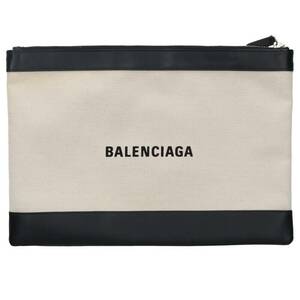 バレンシアガ BALENCIAGA 373834 ネイビークリップM ロゴプリントキャンバスレザー切替クラッチバッグ 中古 BS99