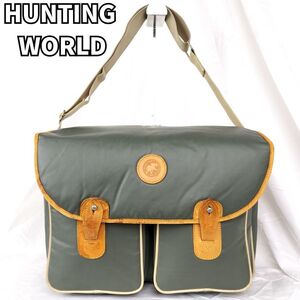 【冒険心と実用美の融合】　HUNTING WORLD ハンティングワールド　バチュークロス ショルダーバッグ 肩掛け レザー ナイロン　グリーン