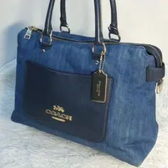 【美品】✨COACH コーチ ハンドバッグ デニム×レザー 青 ネイビー 花柄