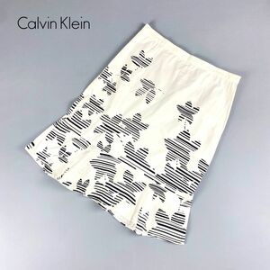 美品 CALVIN KLEIN JEANS カルバン クライン ジーンズ 花柄マーメイドスカート 膝丈 裏地無し 白 ホワイト 黒 ブラック サイズW28*GC873