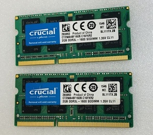 CRUCIAL 2RX8 PC3L-12800S 2GB 2枚組 4GB DDR3L ノートPC用 メモリ 204ピン DDR3L-1600 2GB 2枚 1セット 4GB DDR3L LAPTOP RAM