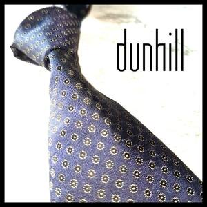 美品 dunhill ダンヒル シルク ネクタイ ネイビー 紺 小紋柄 フラッシュ柄 穏やか 落ち着いた ビジネス プライベート 1000円スタート