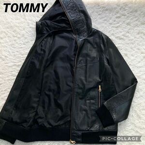 美品 希少 XL 本革● TOMMY トミー ジャケット ブルゾン パーカー オールレザー 黒 ブラック デカロゴ刺繍 金ジップ メンズ アメカジ