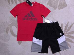 送料込み!!★新品★adidasアディダス★140★快適!半袖Ｔシャツ(レッド/赤)・快適素材!!ジャージハーフパンツ(黒/グレー/白)★上下★即決