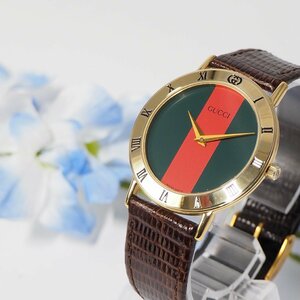 グッチ GUCCI シェリーライン ローマン 純正革ベルト メンズ 腕時計 F273 中古