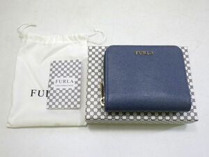 r4E168R10 美品 FURLA フルラ 二つ折り ラウンドファスナー財布 コンパクトウォレット ブルー系×ゴールド金具