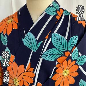 【Wellriver】 美品！浴衣 型染め 花柄 木綿 和装 和服 #C804.