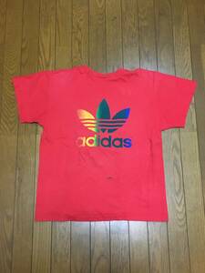 レアビンテージ 70s 80s adidas アディダス 胸ポケット付 Tシャツ レインボー トレフォイル ロゴ 赤 オールド ヴィンテージ vintage 80年代