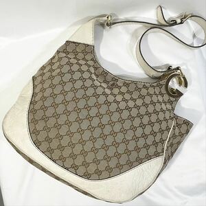 正規品 GUCCI グッチ ショルダーバッグ GGキャンバス ロゴ金具 ホワイト 白 ベージュ 肩掛け 斜め掛け レザー 革