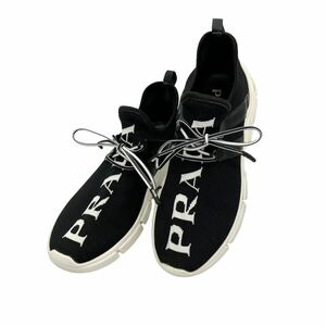 【良品】プラダ PRADA ニットファブリック スニーカー ロゴ ブラック