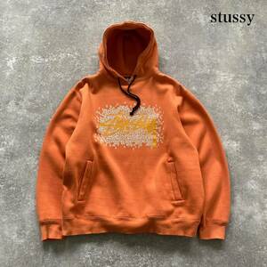 【stussy / ステューシー】 センターロゴ ヘビーパーカー スウェットパーカー フーディー Hooded HOODIE プルオーバー オレンジ (L)