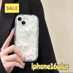 韓国　リボン フェイクパール　お洒落　クリア　 iphone16plusケース