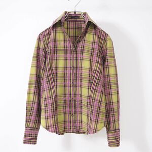 4-SG022【美品】エトロ ETRO コットン イタリア製 シャツ チェック ライトグリーン ピンク 38 レディース