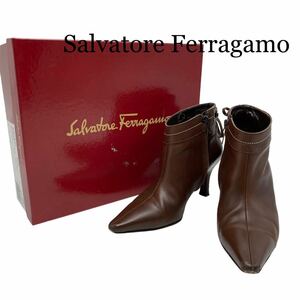 Salvatore Ferragamo フェラガモ ショートブーツ ヒール 茶 ブラウン ガンチーニ 5 1/2 24cm 箱 保存袋付き
