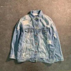 【ZARA】ダメージデニムジャケット　アメカジ　青　古着used 6AS9