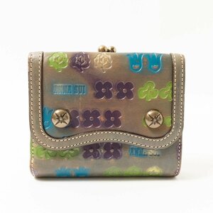 ANNA SUI アナスイ 二つ折り財布 ブルーグレー パープル グリーン 型押し レザー がま口 花柄 レディース カジュアル ウォレット 雑貨