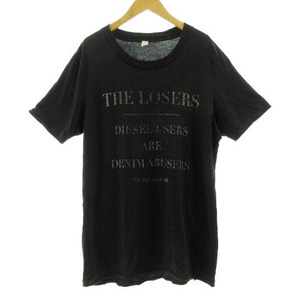 ディーゼル DIESEL Tシャツ 半袖 丸首 プリント 袖カットオフ 裾カットオフ ブラック 黒 S メンズ