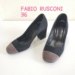 美品◆FABIO RUSCONI ファビオルスコーニ 本革 スエードレザー パンプス チャンキーヒール イタリア製(36■23.5cm位)黒ブラック/グレー