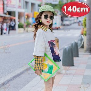 kids タータンチェック シャツ重ね着風 トップス 【140cm】ホワイト 女の子 ロンT 学生 秋服 長袖 K-418bk