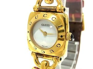 1円 ■稼働品■ GUCCI グッチ ホースビット リザード型押しレザー 6300L クォーツ 腕時計 ウォッチ レディース レッド系 BI7296