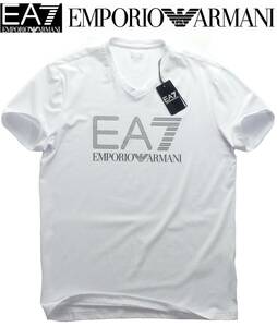 22,000円新品EMPORIO ARMANI★軽装の夏に一枚でお洒落が完成する、定番人気のアルマーニEA7ロゴプリントV白Tシャツ【欧米XXL＝日本2～3XL】