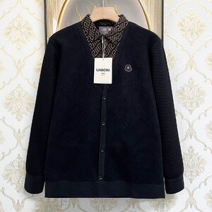 一枚限定EU製＆定価5万◆UABONI*Paris*長袖ポロシャツ*ユアボニ*パリ発◆裏起毛 防寒 快適 切替 ニット レトロ 通勤 紳士 ビジネス2XL/52