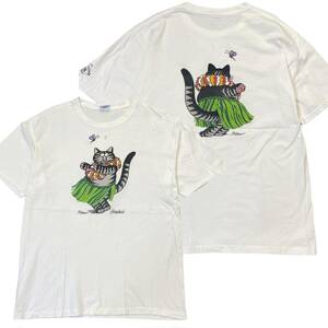 90s クリバンキャット Tシャツ M ホワイト Crazy Shirt Kliban cat Hawaii フラダンス ハワイ サイクリング ネコ ペット ヴィンテージ