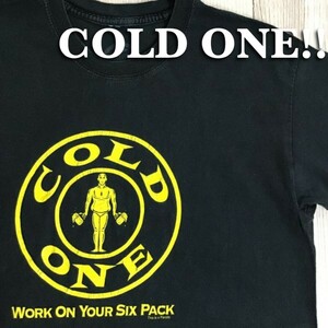 ★USA直輸入!!★パロディーTシャツ!!★【COLD ONE】BIGプリント 半袖 Ｔシャツ[メンズ L]黒×黄 Parody ビール 筋トレ ジム SIX PACK K-642