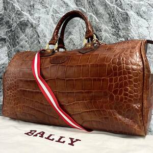 1円〜【希少 本革 大容量】バリー BALLY ボストンバッグ レザー クロコ ロゴ 型押し メンズ ビジネス ハンド 2way ショルダー 茶 旅行鞄