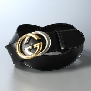 GQ0140◎Vintage Gucci Interlocking G Buckle Leather Belt Black イタリア製 オールドグッチ GGバックル レザー ワイド ベルト ブラック