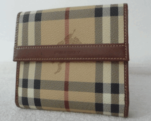 良品　バーバリー　BURBERRY　ベージュ系チェック柄　ブラウン　PVC　レザー　二つ折り　財布　ウォレット　レディース